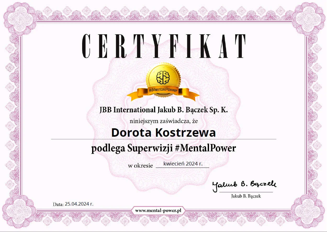 Dorota Kostrzewa certyfikat superwizja MentalPawer Kwiecień